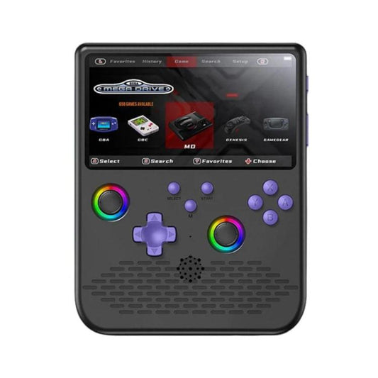 Dark handheld game console with RGB-lit rings, purple D-pad, and on-screen game menu