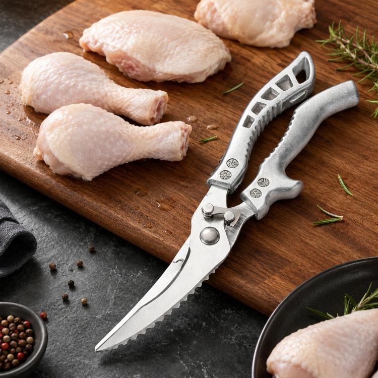 Stainless steel poultry bone-cutting kitchen shears with gray non-slip handles