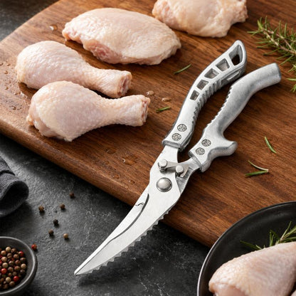 Stainless steel poultry bone-cutting kitchen shears with gray non-slip handles