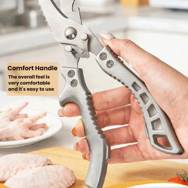 Comfort-grip gray handles kitchen shears with latch and serrated cutting edges