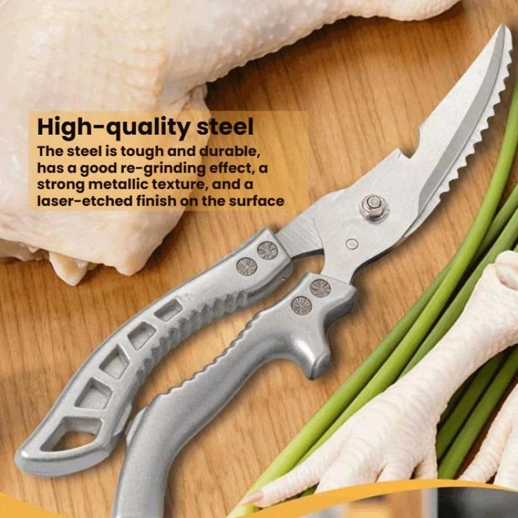 High-hardness steel chicken bone shears with serrated blades and gray grips