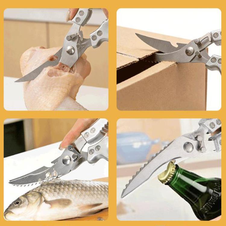 Multi-functional kitchen shears with gray handles and serrated blades for food