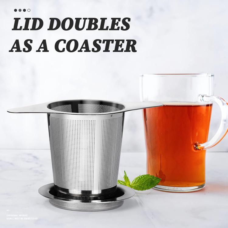 Stainless steel tea strainer with lid that doubles as coaster