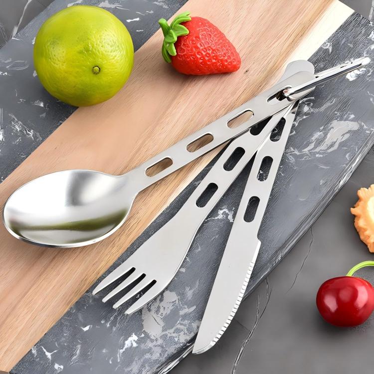 Stainless steel camping spoon and fork with cutout handles, 3-piece cutlery set
