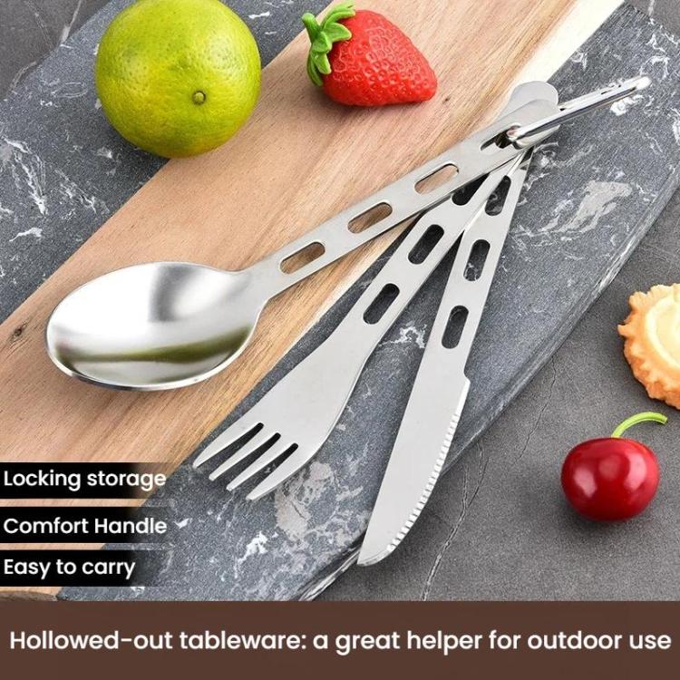 Stainless steel 3-piece camping cutlery set with spoon, knife, and fork