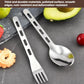 Stainless steel camping fork and spoon with perforated, lightweight handles