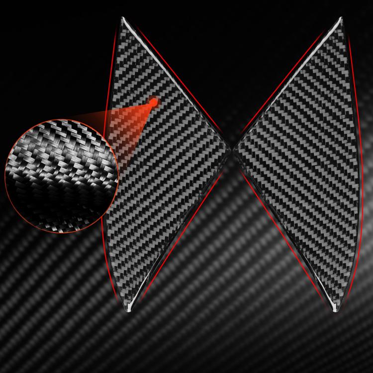 Car interior triangle stickers, carbon-fiber look, black pair shown on trim