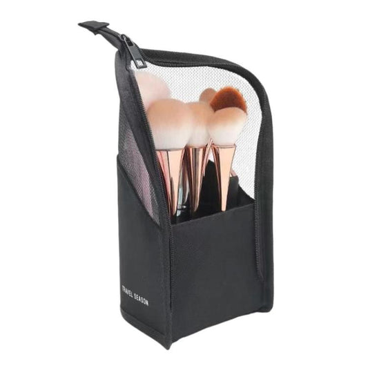 Black mesh cosmetic bag with zip top and inner pockets for makeup brushes