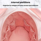 Pink mesh cosmetic bag interior with internal partition and fabric lining