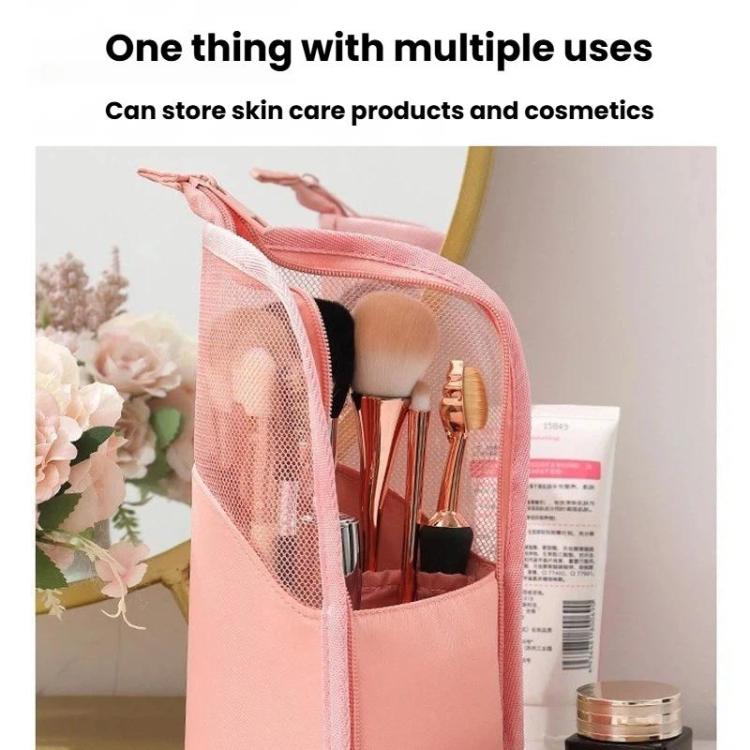 Pink mesh cosmetic bag with multiple compartments for cosmetics and skincare