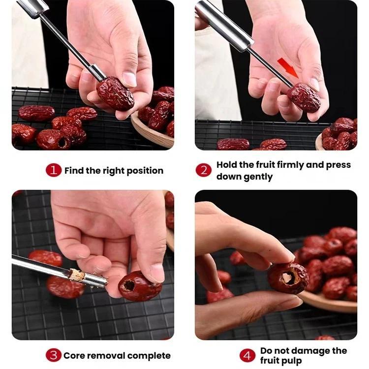 Stainless steel fruit corer pitter in use on red berries on a grill tray