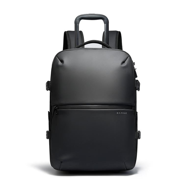 Large rolling business backpack in dark gray with top handle and front zip pocket
