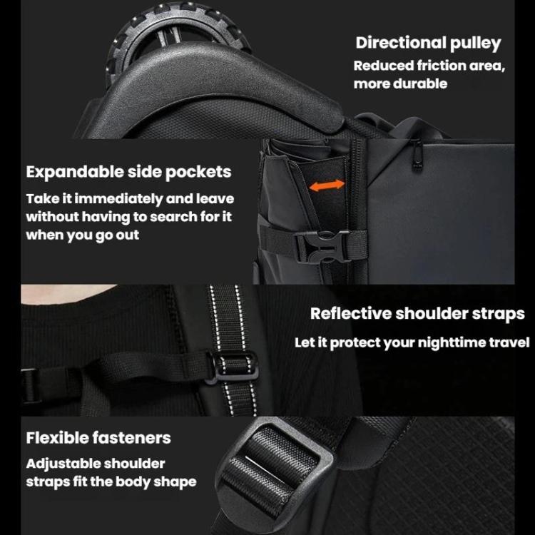 Black rolling backpack with expandable side pockets and reflective shoulder straps