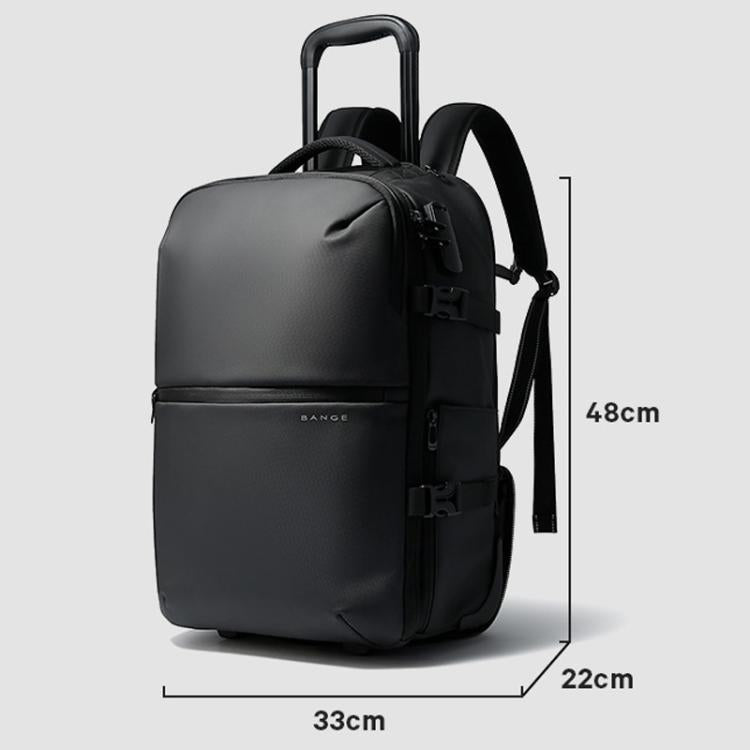 Rolling laptop backpack with trolley handle, front strap details, and side carrying handle