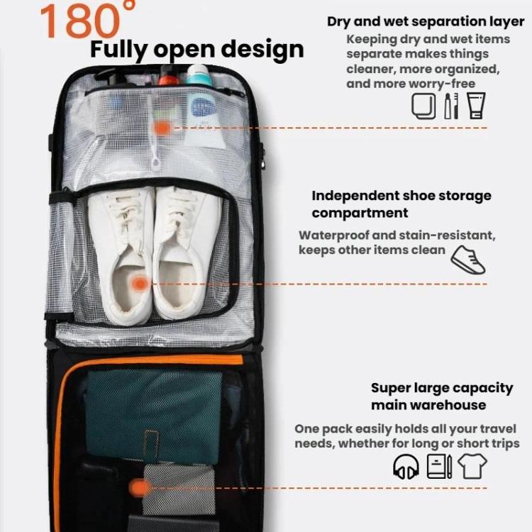 Open rolling backpack with shoe storage compartment and separate dry/wet organization layer