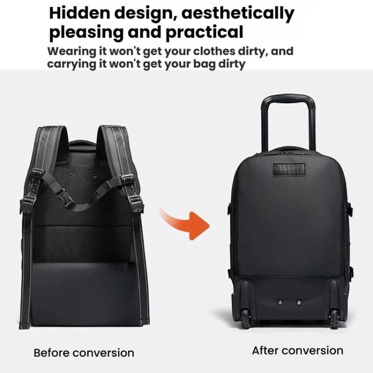 Convertible travel backpack with backpack straps and upright rolling frame