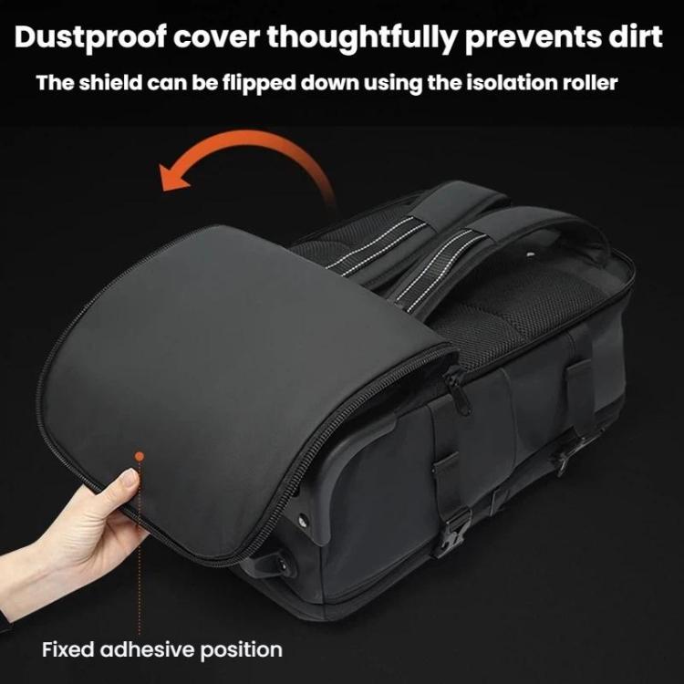 Dark rolling backpack with flap cover over the zipper and side handle