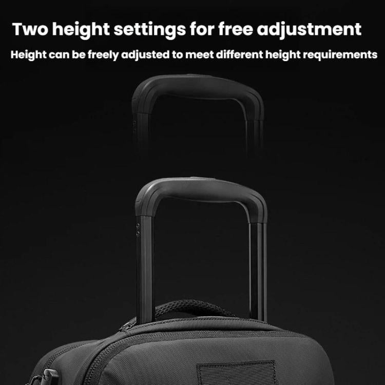 Adjustable-height trolley handle on a dark gray rolling backpack