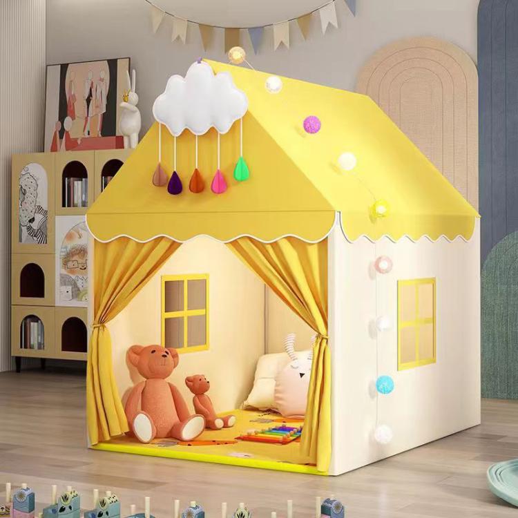 Yellow kids indoor play tent with peaked roof, scalloped curtains, window openings, cloud decor