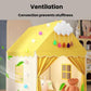 Yellow kids indoor play tent roof with hanging cloud toy and scalloped valance, side curtains