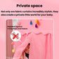 Pink kids indoor play tent with fabric curtains and private canopy, interior view with hanging toy