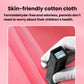 Pink kids play tent cotton fabric close-up with testing device held by gloves