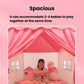 Spacious pink kids indoor play tent interior with peaked roof, side curtains, and window panels