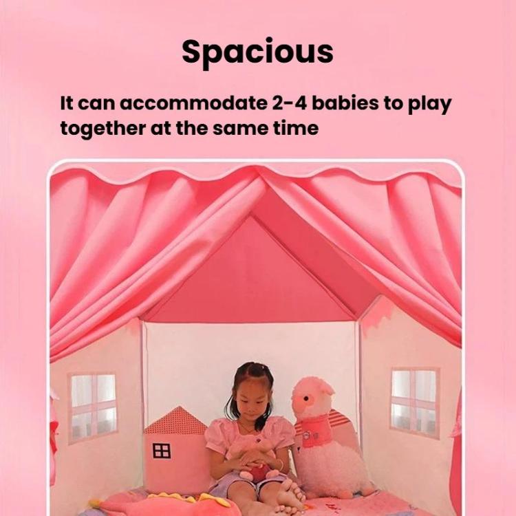 Spacious pink kids indoor play tent interior with peaked roof, side curtains, and window panels
