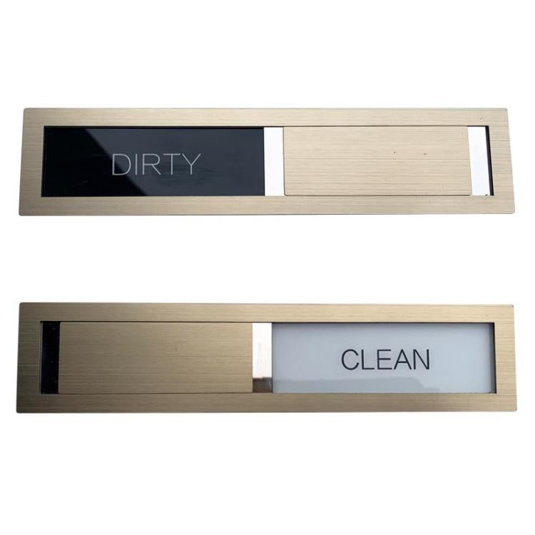 Brushed stainless clean/dirty dishwasher magnet sign with dark DIRTY window and white CLEAN window