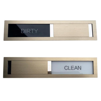 Brushed stainless clean/dirty dishwasher magnet sign with dark DIRTY window and white CLEAN window