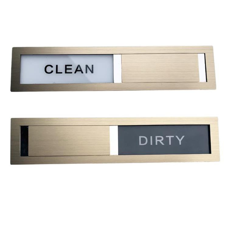 Brushed stainless clean/dirty dishwasher magnet sign showing CLEAN and DIRTY slider windows