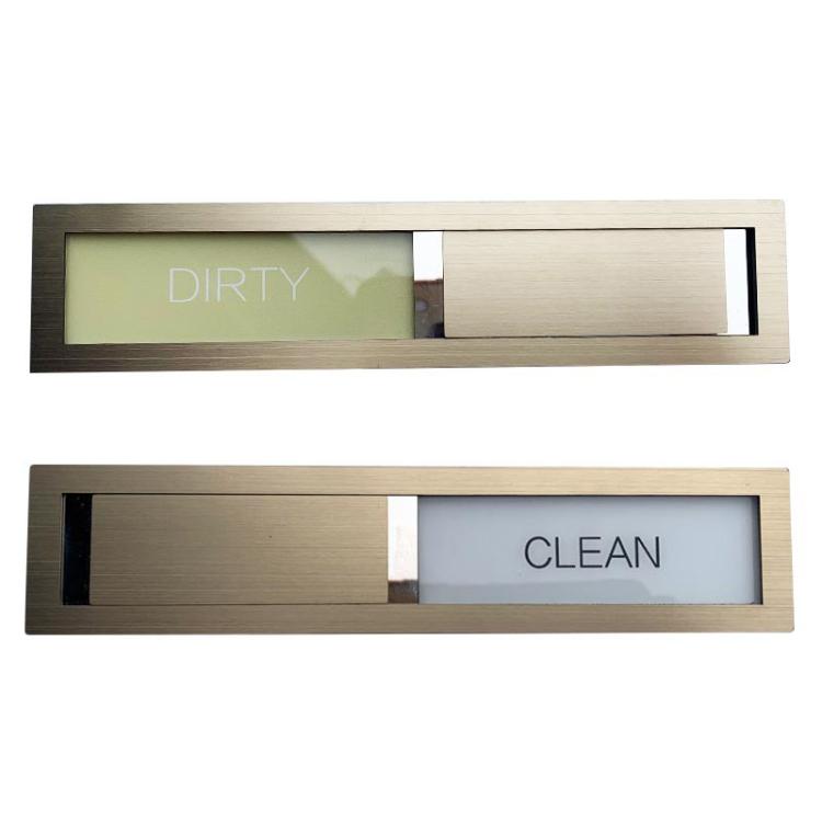 Brushed stainless clean/dirty dishwasher magnet sign with DIRTY and CLEAN slider windows
