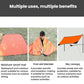 Orange emergency blanket tarp shown in multiple uses on outdoor surfaces