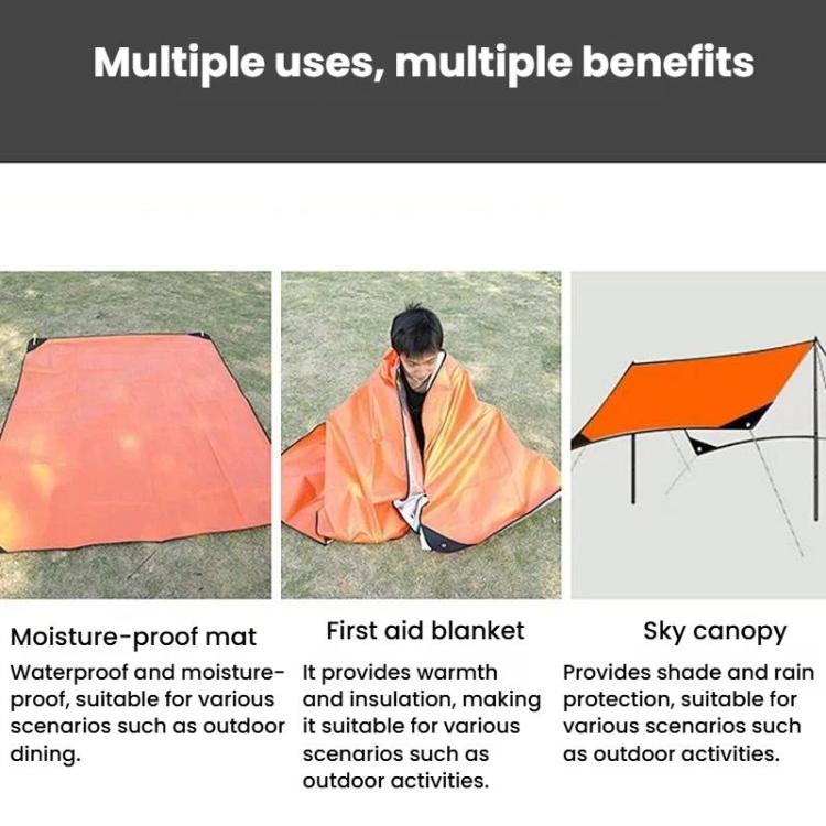 Orange emergency blanket tarp shown in multiple uses on outdoor surfaces