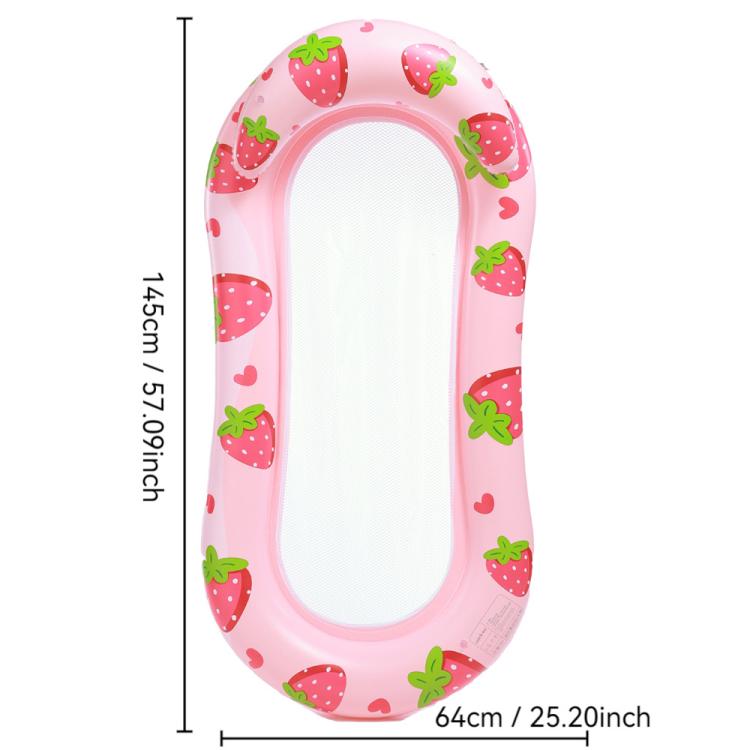 Inflatable water lounger with pink strawberry pattern and green leaf accents