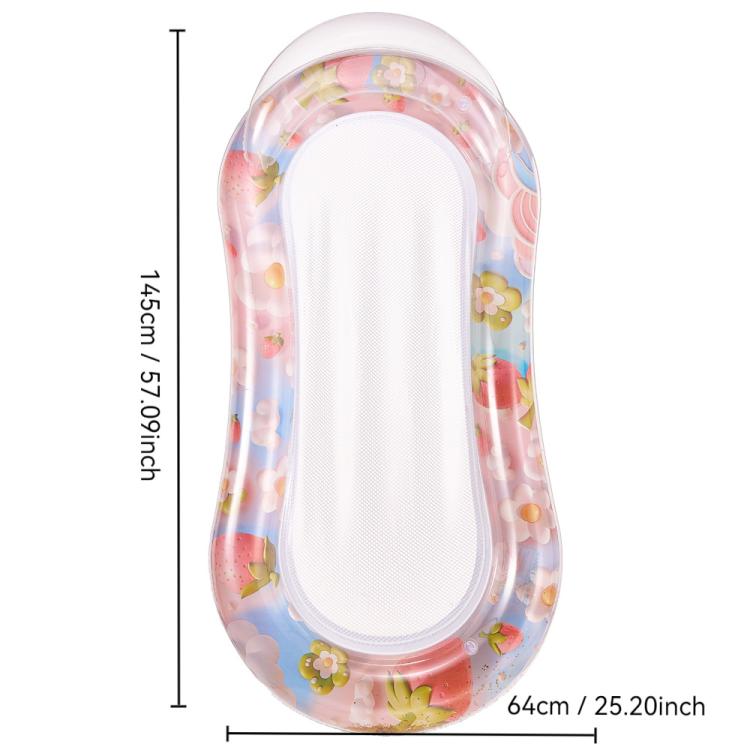 Inflatable water lounger with pastel flower print and translucent glitter outer rim