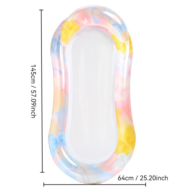 Inflatable floating bed lounger with pastel fruit-pattern border and white mesh center