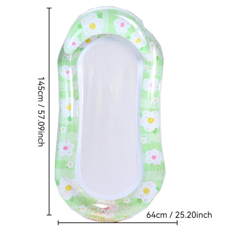Inflatable floating bed lounger with green cute animal pattern and white mesh center