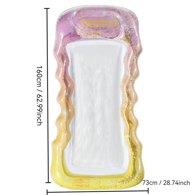 Inflatable floating bed lounger with purple top and gold glitter wavy sides, mesh center