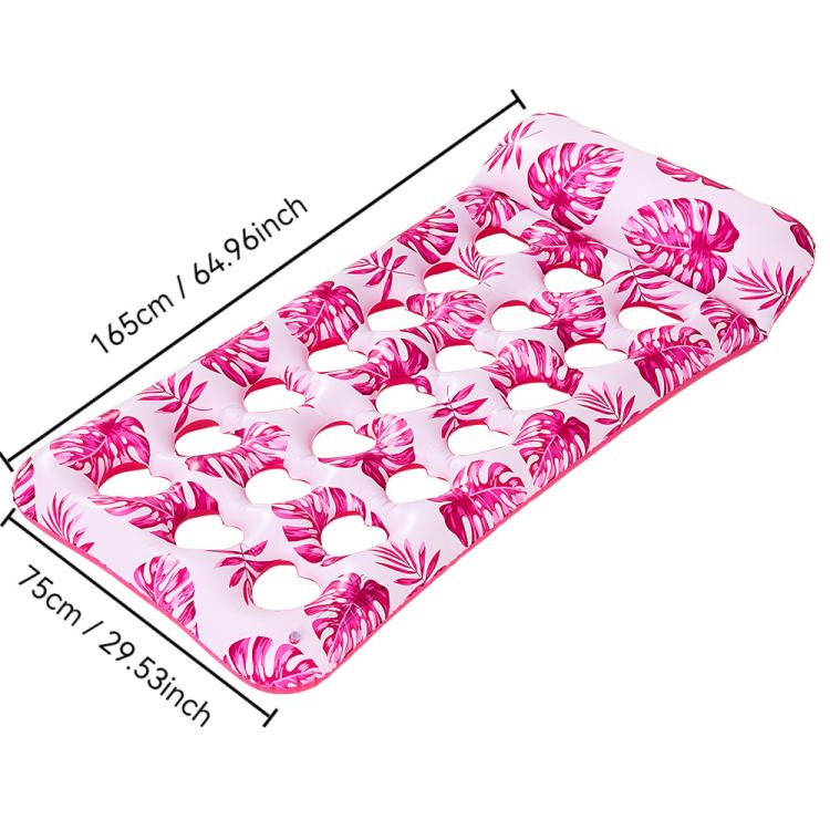 Inflatable pool float mattress with pink tropical leaf print and white cup-holes