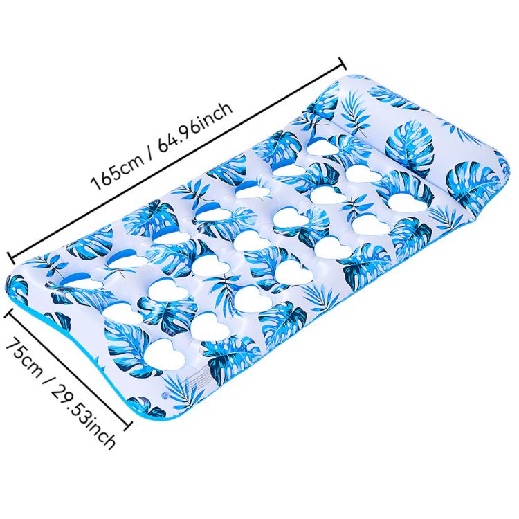 Inflatable pool float mattress with blue tropical leaf print and white cup-holes