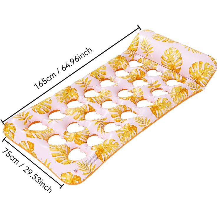 Inflatable pool float mattress with yellow tropical leaf print and white cup-holes