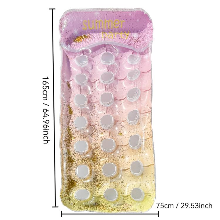 Inflatable floating bed lounger in pink-to-gold gradient with white circle holes