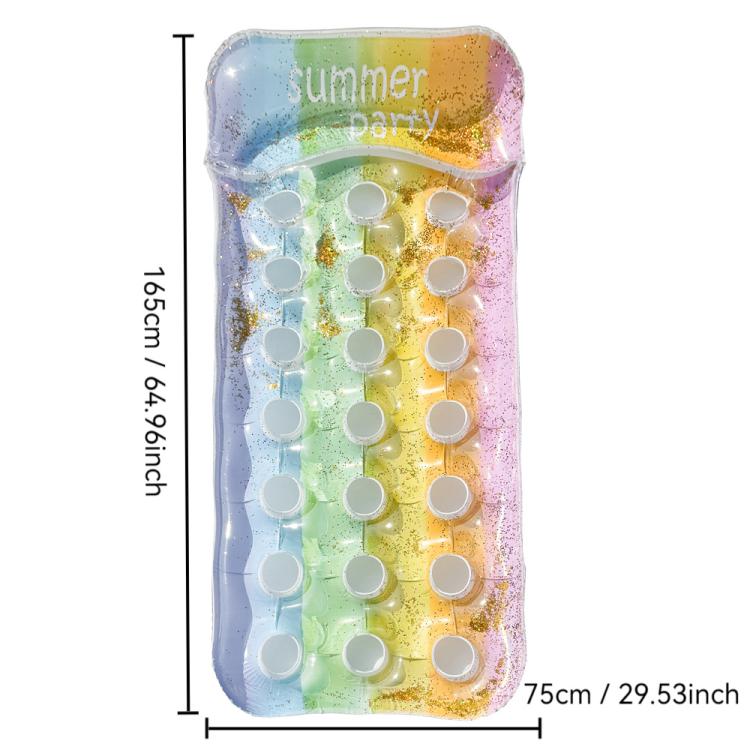 Inflatable floating bed lounger in rainbow gradient with white circle holes