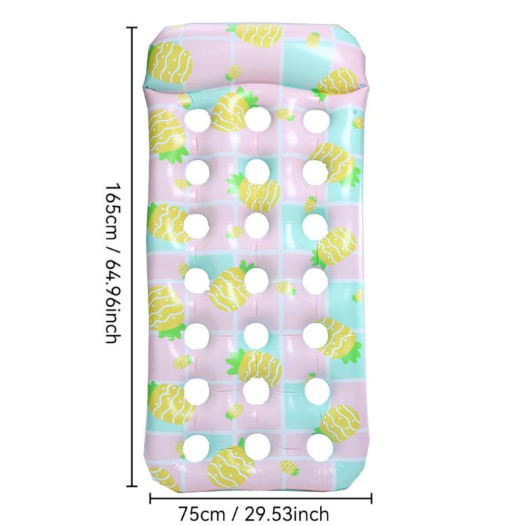 Inflatable floating bed lounger in light pink with yellow seashell print and white circle holes