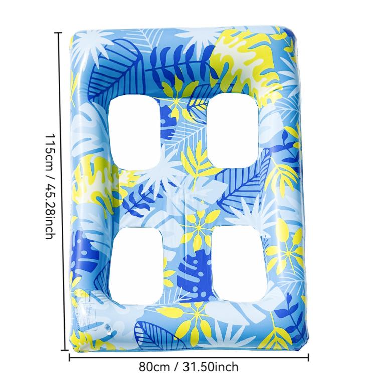 Inflatable floating pool lounger, blue tropical leaf print, four square head openings