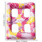 Inflatable floating pool lounger, pink tropical leaf print, four square head openings
