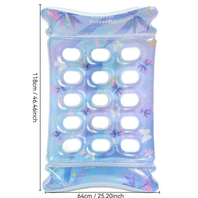 Blue butterfly-pattern inflatable lounger, 64cm wide, round air chamber openings