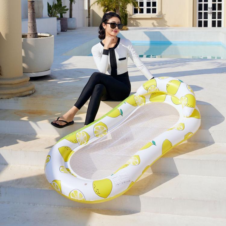 Inflatable thick floating bed, lemon-pattern design in white and yellow