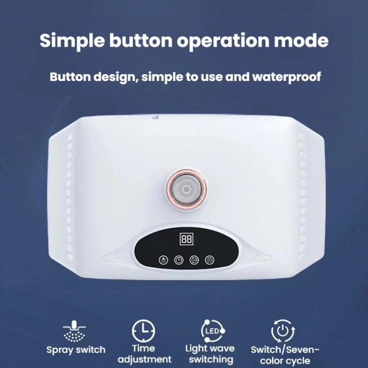 White LED facial light therapy device with front control buttons and spray switch icon